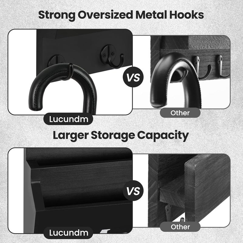 Lucundm Mail and Key Holder - Decorative 9.8" x 12.5" Wall Key Hanger with 2 Mail Organizer Slots and 3 Hooks - Real Paulownia Wood with Keyhole Brackets, Hardware and Instructions (Black) - Image 4